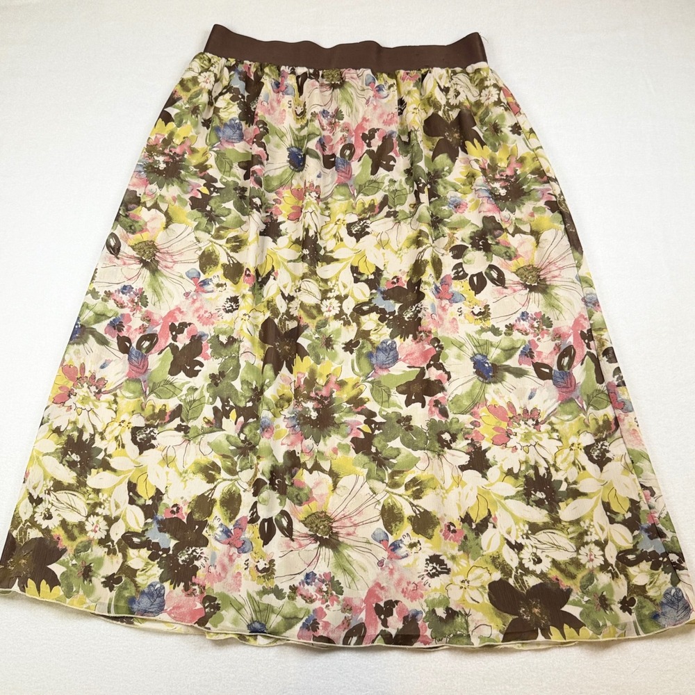 Liz Claiborne Floral Midi Skirt Brown Elastic Waist Chiffon Lined Green Pink M